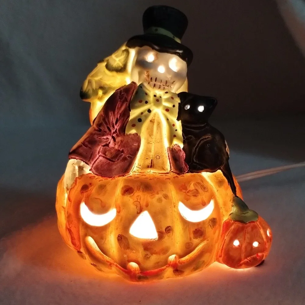 Vintage Prisco Halloween Scarecrow Cat Pumpkin Ceramic‎ Light Up Decoration